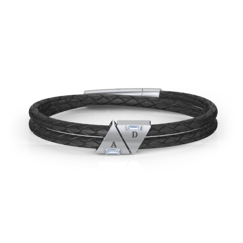 Men’s Leather Sterling Silver 2 Engravable Gemstone Triangle Bracelet – Sterling Silver with Aquamarine