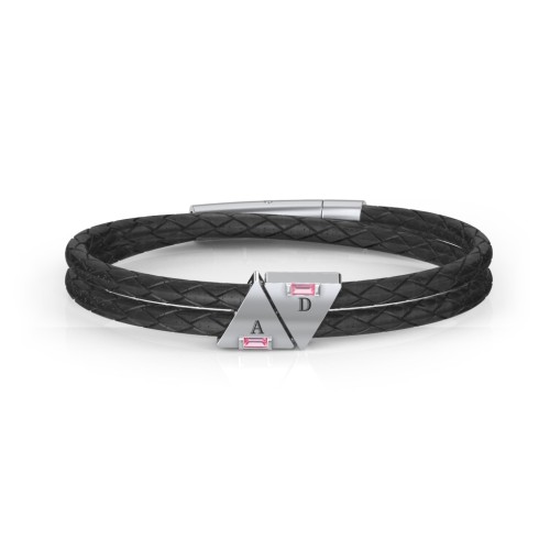 Men’s Leather Sterling Silver 2 Engravable Gemstone Triangle Bracelet – Sterling Silver with Pink Tourmaline