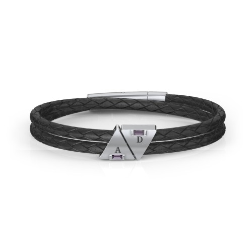 Men’s Leather Sterling Silver 2 Engravable Gemstone Triangle Bracelet – Sterling Silver with Alexandrite