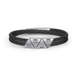 Men’s Leather Sterling Silver 4 Engravable Gemstone Triangle Bracelet in 925 Sterling Silver with Alexandrite