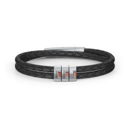 Men’s Leather Sterling Silver 3 Vertical Bar Bracelet with Gemstones