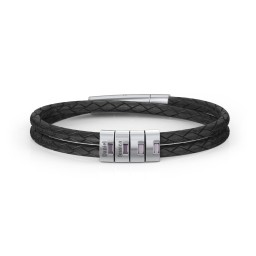 Men’s Leather Sterling Silver 4 Vertical Bar Bracelet with Gemstones