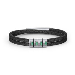 Men’s Leather Sterling Silver 4 Vertical Bar Bracelet with Gemstones in 925 Sterling Silver with Emerald and Cubic Zirconia