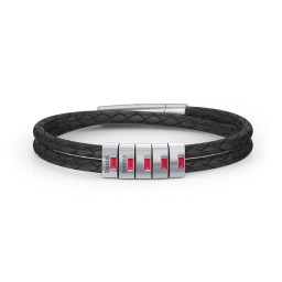 Men’s Leather Sterling Silver 5 Vertical Bar Bracelet with Gemstones