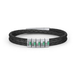 Men’s Leather Sterling Silver 5 Vertical Bar Bracelet with Gemstones in 925 Sterling Silver with Emerald