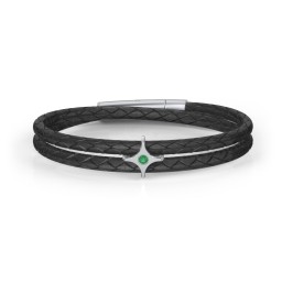 Men’s Leather Sterling Silver North Star Bracelet in 925 Sterling Silver with Emerald