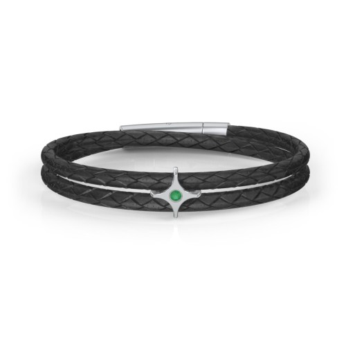 Men’s Leather Sterling Silver North Star Bracelet – Sterling Silver with Emerald