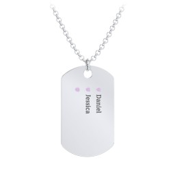 Men's Engravable Dog Tag Necklace with 3 Birthstones in 925 Sterling Silver with Amethyst
