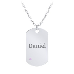 Men's Engravable Dog Tag Necklace With Accent in 925 Sterling Silver with Amethyst