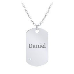 Men's Engravable Dog Tag Necklace With Accent in 925 Sterling Silver with Aquamarine