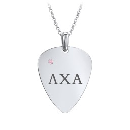 Men's Engravable Guitar Pick Fraternity Necklace with Gemstone in 925 Sterling Silver with Pink Tourmaline