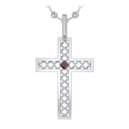 Men’s Silver Geometric Cross Pendant with Birthstone in 925 Sterling Silver with Garnet