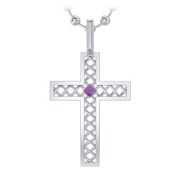 Men’s Silver Geometric Cross Pendant with Birthstone in 925 Sterling Silver with Amethyst