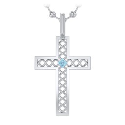 Men’s Silver Geometric Cross Pendant with Birthstone in 925 Sterling Silver with Blue Topaz