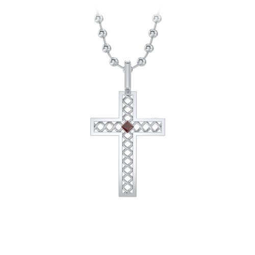 Men’s Silver Geometric Cross Pendant with Birthstone – Sterling Silver with Garnet