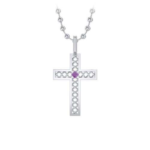 Men’s Silver Geometric Cross Pendant with Birthstone – Sterling Silver with Amethyst