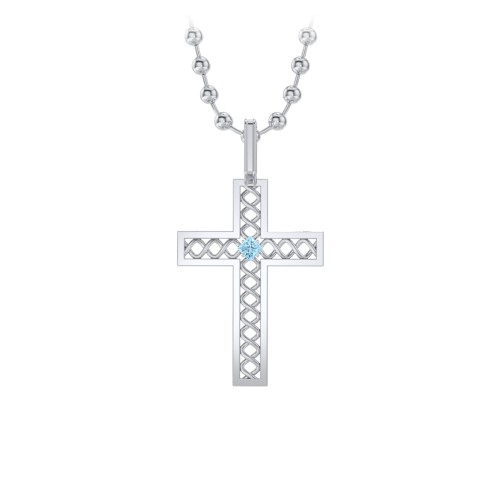 Men’s Silver Geometric Cross Pendant with Birthstone – Sterling Silver with Blue Topaz
