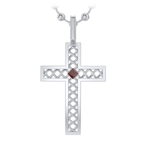 Men’s Silver Geometric Cross Pendant with Birthstone – Sterling Silver with Garnet