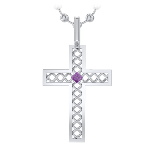 Men’s Silver Geometric Cross Pendant with Birthstone – Sterling Silver with Amethyst