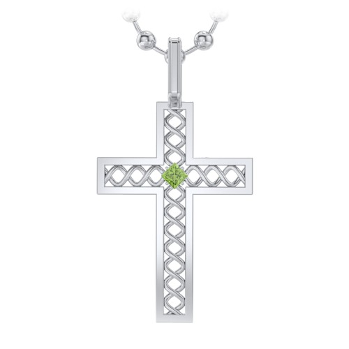Men’s Silver Geometric Cross Pendant with Birthstone – Sterling Silver with Peridot