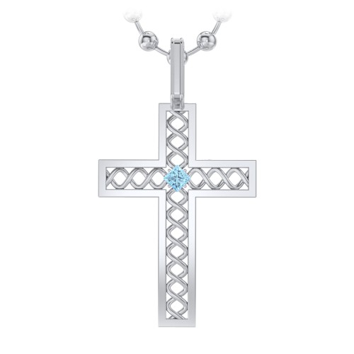 Men’s Silver Geometric Cross Pendant with Birthstone – Sterling Silver with Blue Topaz