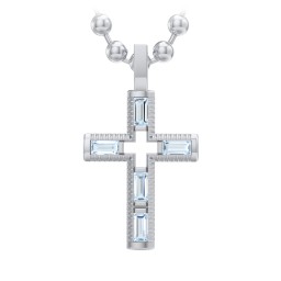 Men’s Baguette Birthstone Cross Pendant in 925 Sterling Silver with Aquamarine