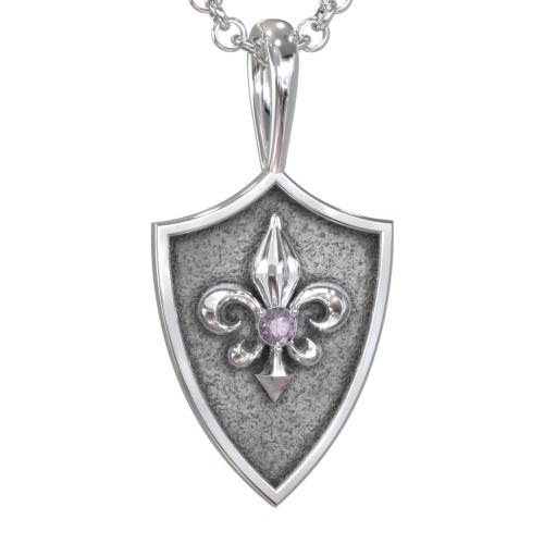 Men's Fleur-de-lis Hero Shield Pendant with Gemstone – Sterling Silver with Alexandrite