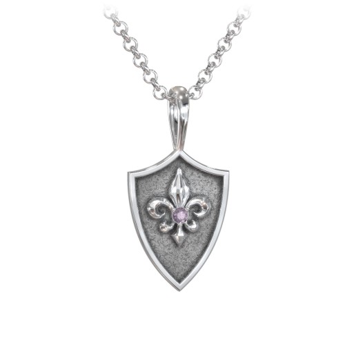 Men's Fleur-de-lis Hero Shield Pendant with Gemstone – Sterling Silver with Alexandrite
