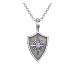 Men's Compass Hero Shield Pendant with Gemstone in 925 Sterling Silver with Amethyst