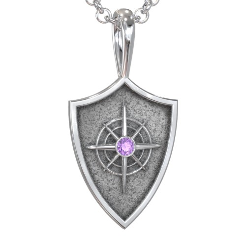 Men's Compass Hero Shield Pendant with Gemstone – Sterling Silver with Amethyst