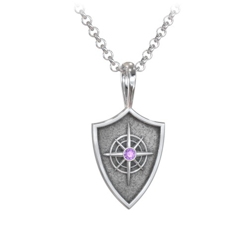 Men's Compass Hero Shield Pendant with Gemstone – Sterling Silver with Amethyst