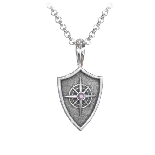 Men's Compass Hero Shield Pendant with Gemstone – Sterling Silver with Alexandrite