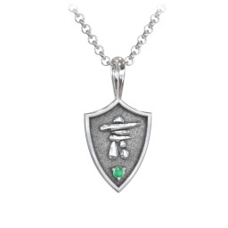 Men's Inukshuk Hero Shield Pendant with Gemstone in 925 Sterling Silver with Emerald