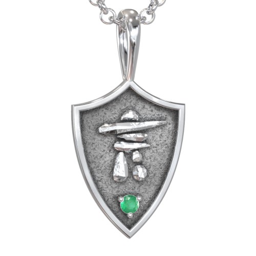 Men's Inukshuk Hero Shield Pendant with Gemstone – Sterling Silver with Emerald