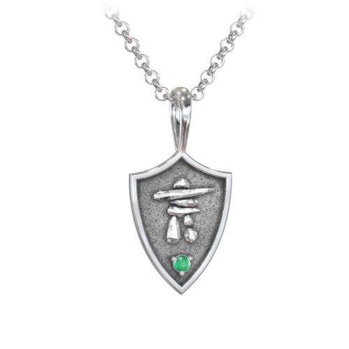 Men's Inukshuk Hero Shield Pendant with Gemstone – Sterling Silver with Emerald