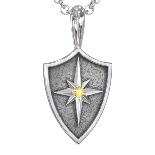 Men's Starburst Hero Shield Pendant with Gemstone – Sterling Silver with Citrine