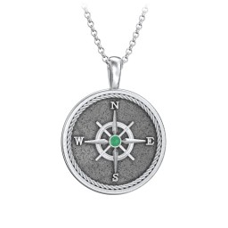 Men's Engravable Compass Necklace with Gemstone in 925 Sterling Silver with Emerald