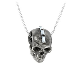 Men's Skull Necklace with Baguette Gemstone Mohawk in 925 Sterling Silver with Aquamarine