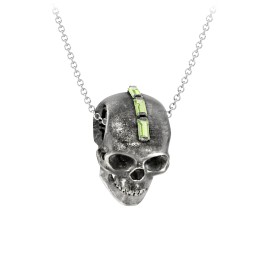 Men's Skull Necklace with Baguette Gemstone Mohawk in 925 Sterling Silver with Peridot