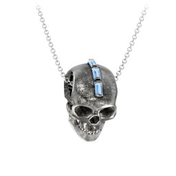 Men's Skull Necklace with Baguette Gemstone Mohawk in 925 Sterling Silver with Blue Topaz