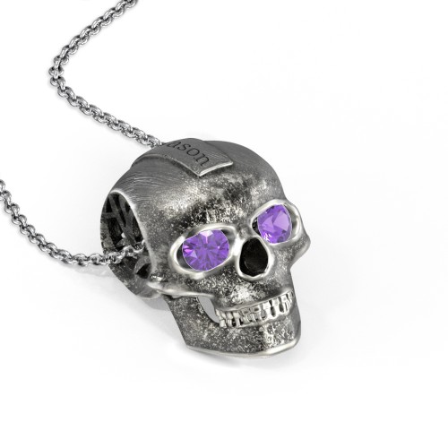 Men's Engravable Skull Necklace with Gemstone Eyes – Sterling Silver with Amethyst