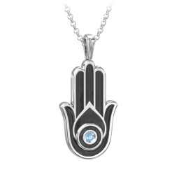 Men's Engravable Hamsa Gemstone Necklace with Cold Enamel in 925 Sterling Silver with Blue Topaz