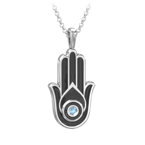 Men's Engravable Hamsa Gemstone Necklace with Cold Enamel – Sterling Silver with Blue Topaz