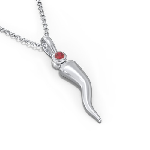 Men's Italian Horn Necklace with 2 Birthstones – Sterling Silver with Garnet and Emerald