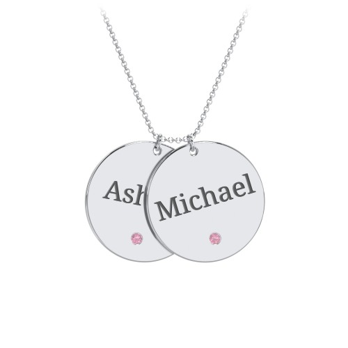 Engravable 2 Disc Pendant with Birthstone – Sterling Silver with Pink Tourmaline