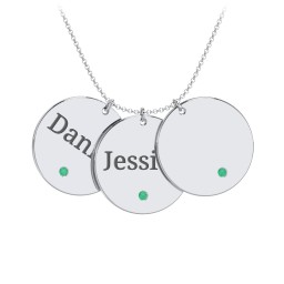 Engravable 3 Disc Pendant with Birthstone in 925 Sterling Silver with Emerald and Blue Topaz