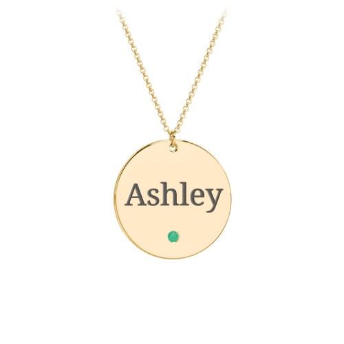 Engravable Disc Pendant with Birthstone – 18K Gold Plated Silver with Emerald