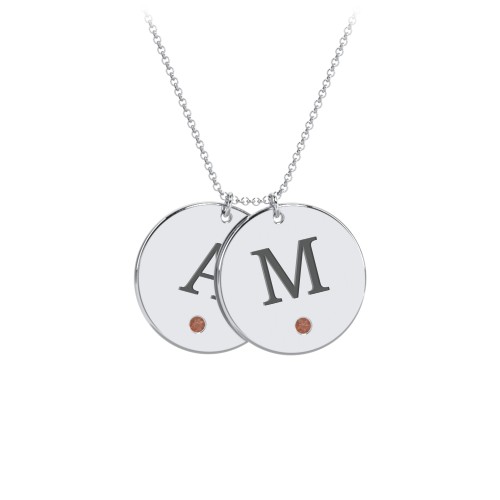 Birthstone Initial 2 Disc Pendant – Sterling Silver with Garnet