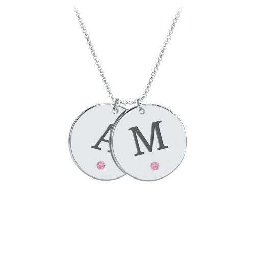 Birthstone Initial 2 Disc Pendant – Sterling Silver with Pink Tourmaline