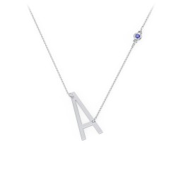 Asymmetrical Initial Necklace with Gemstone in 925 Sterling Silver